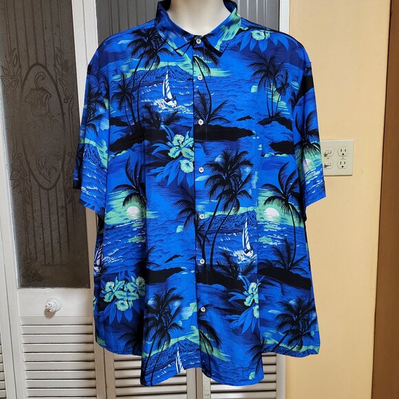 SheLucki Men's Blue Hawaiian Palm Trees Short Sleeve Shirt - Picture 1 of 13